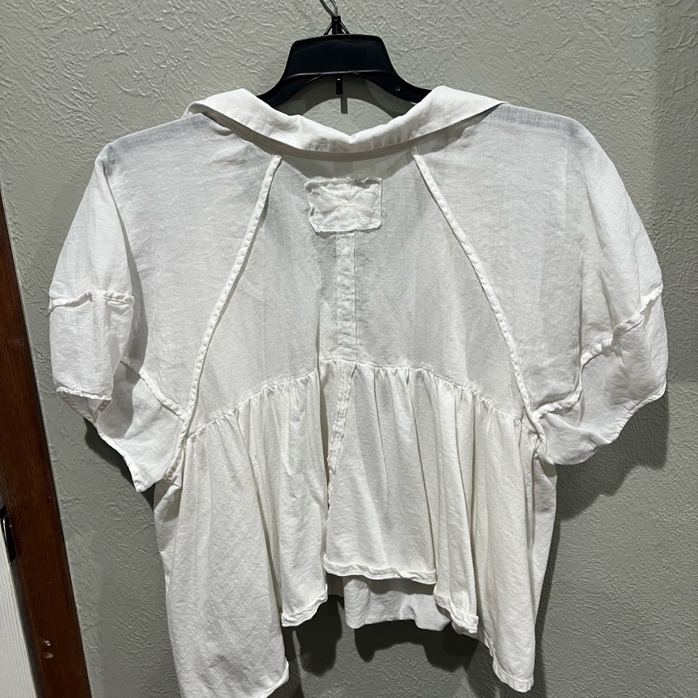 Free People White Gauze V-Neck Puff Sleeve Top Collard Flowy Cotton Size S EUC - Picture 3 of 4
